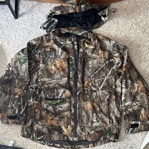 Brown and Green Weather-Resistant Raincoat with Camouflage Design